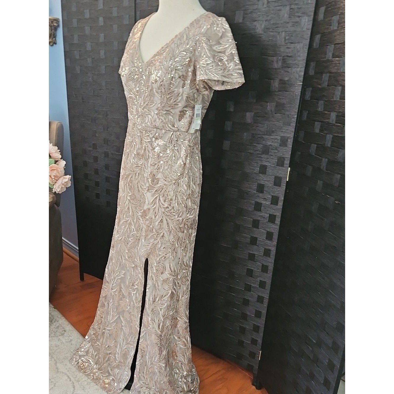 Nwt Alex Evenings Taupe V-Neck Sequined Evening Gown Size 4 — image 5 of 8